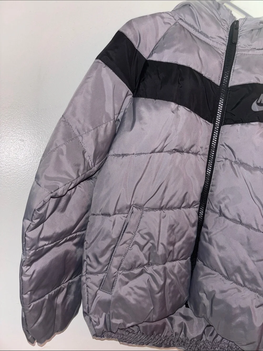 Nike Kids Silver Puffer Jacket with Black Chest Band
